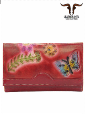 Billetera en cuero para dama varios compartimentos con monedero de broche marcada con flores de diferentes colores color roja