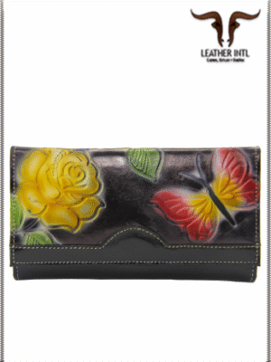 Billetera en cuero para dama varios compartimentos con monedero de broche marcada con flores de diferentes colores color negro