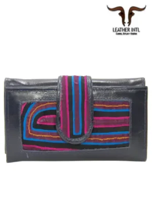 Billetera larga en cuero para dama artesanal tela en mola color azul oscura y varios compartimentos