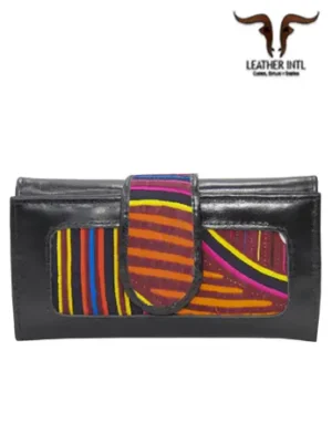Billetera larga en cuero para dama artesanal tela en mola color negro y varios compartimentos