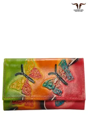 Billetera larga en cuero para dama con broche varios compartimentos internos marcada en tala con mariposas