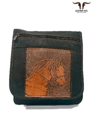 Bolso manos libres con imagen en cuero de caballo grande para caballero color café y negro en cuero